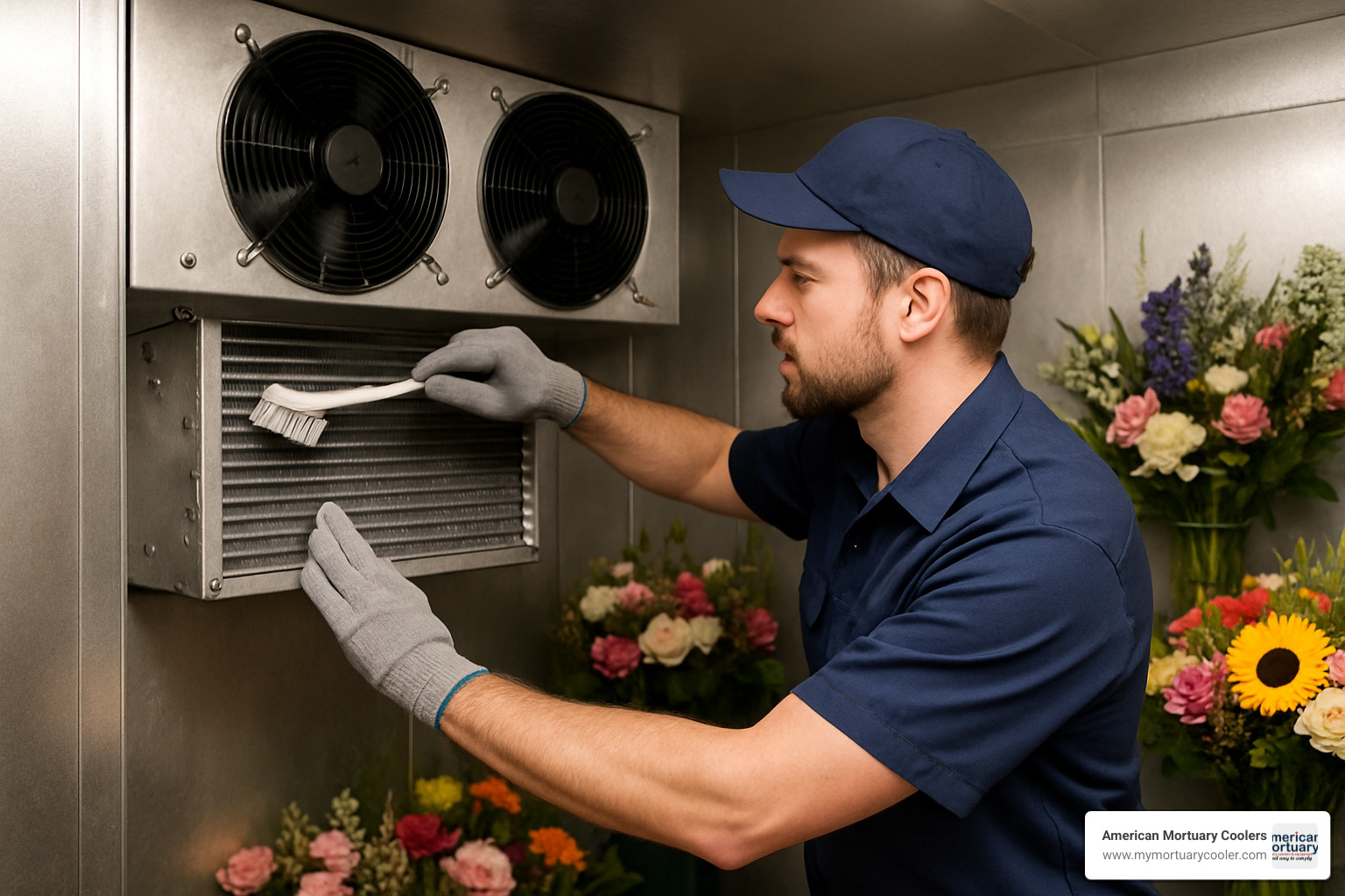 technician cleaning evaporator coils in a commercial floral cooler - floral cooler