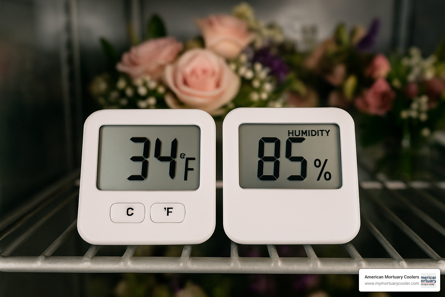 digital thermometer and hygrometer displaying optimal temperature and humidity readings - floral cooler