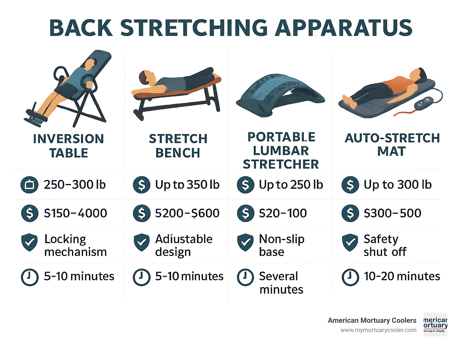 Comprehensive comparison infographic showing the four main types of back stretching apparatus: inversion tables with gravity-based spinal decompression, stretch benches providing horizontal traction, portable lumbar stretchers with curved arch design, and auto-stretch mats featuring electric motors with heat therapy - including weight capacity ranges, price points from $20-$600, safety features, and recommended usage times for each type - back stretching apparatus infographic 