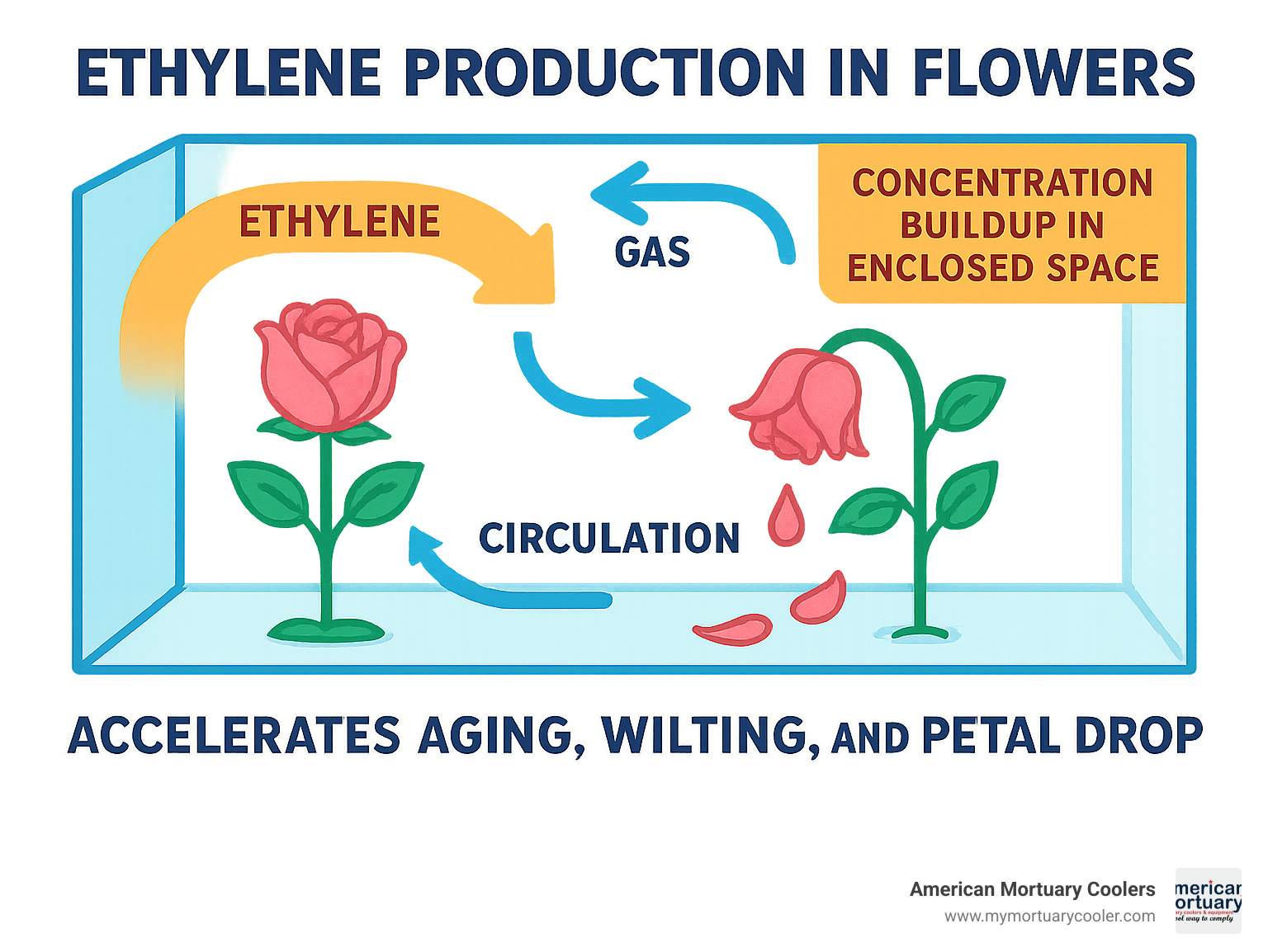 Diagram showing ethylene gas production cycle in flowers and how it accelerates aging, wilting, and petal drop, with arrows indicating gas circulation and concentration buildup in enclosed spaces - floral cooler infographic 