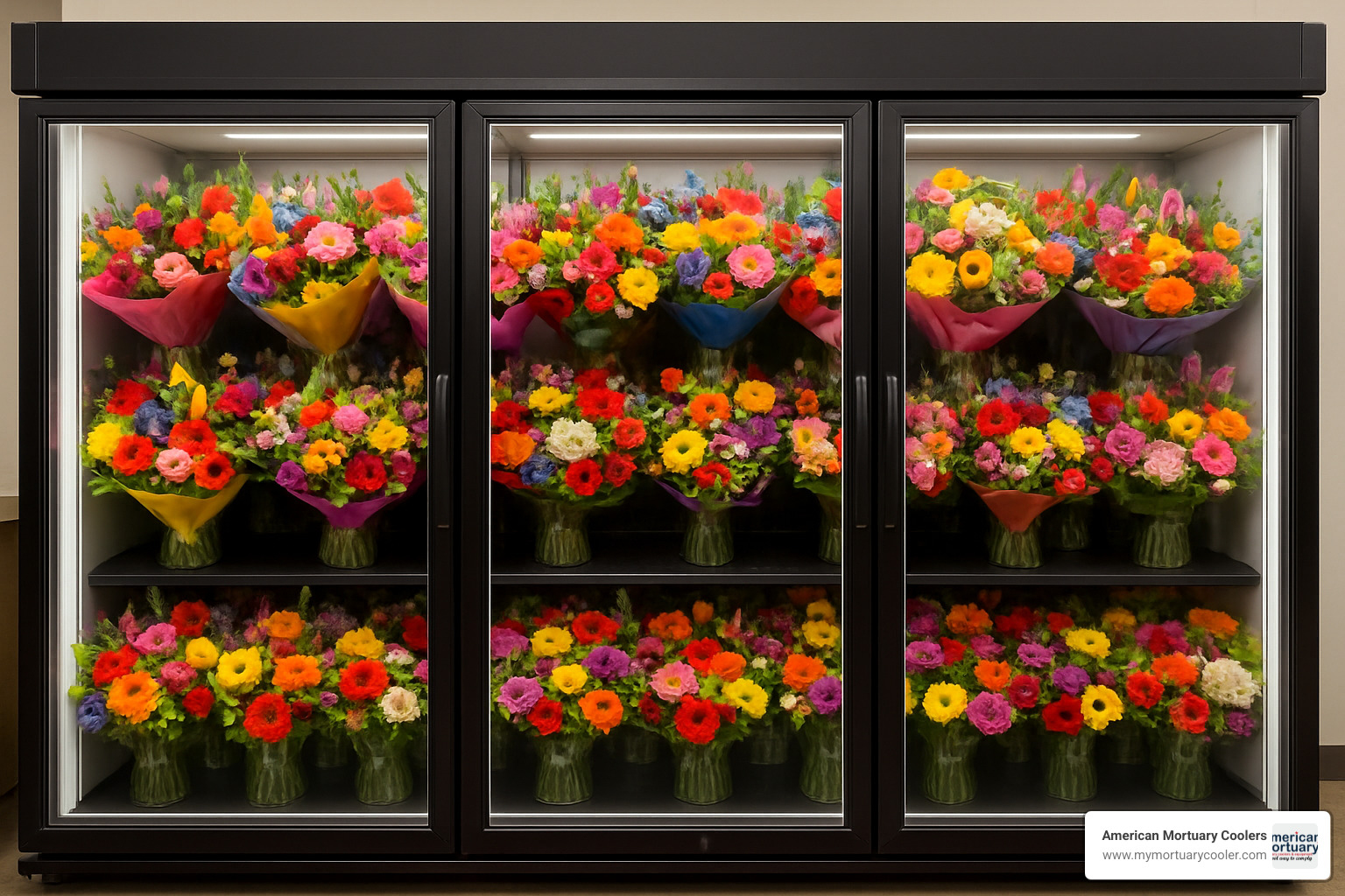 glass-door display packed with bouquets - flower cooler