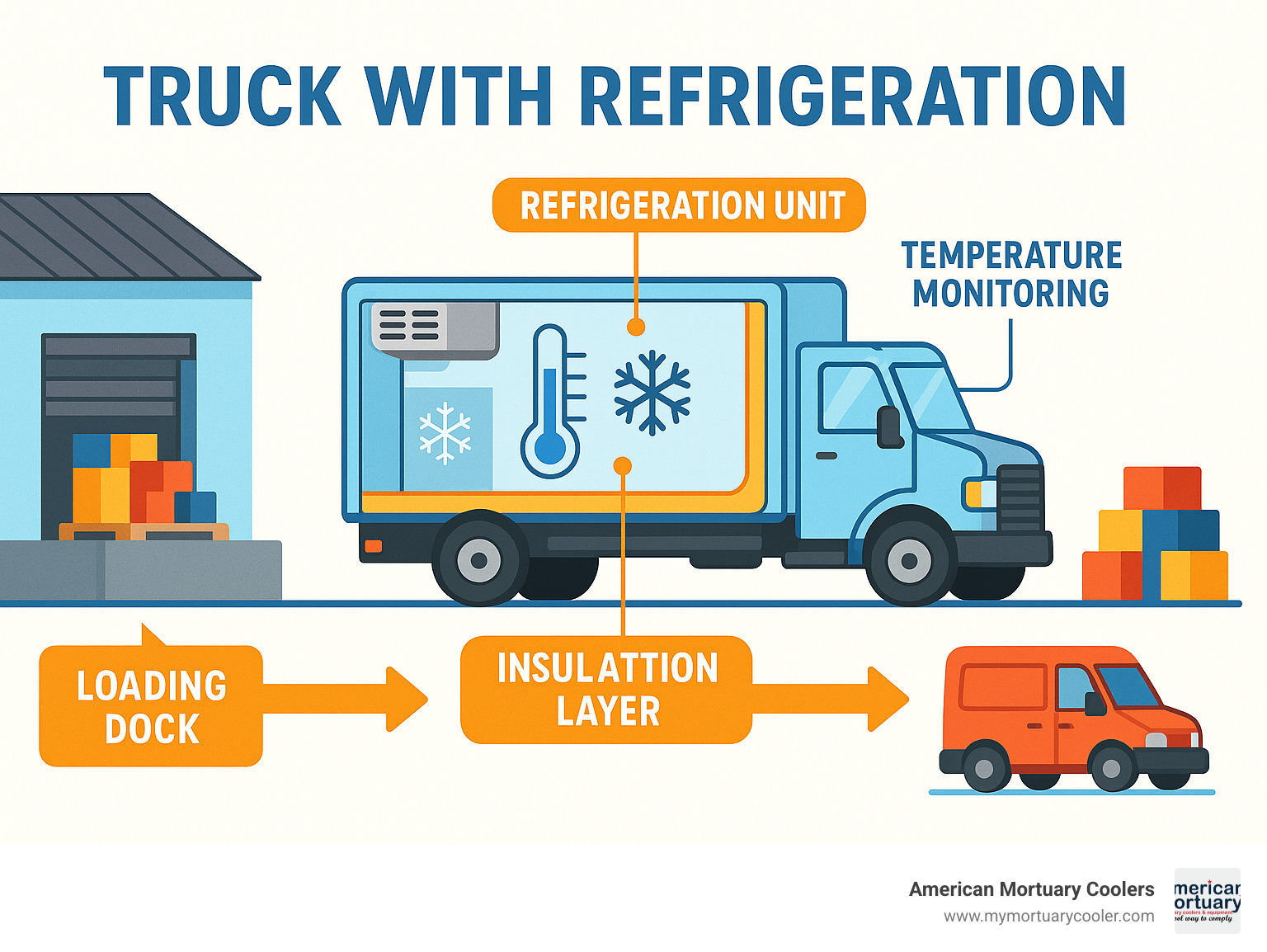 Comprehensive truck with refrigeration system diagram showing the cold chain journey from loading dock through transport to final delivery, including temperature monitoring, insulation layers, and refrigeration unit components - truck with refrigeration infographic 