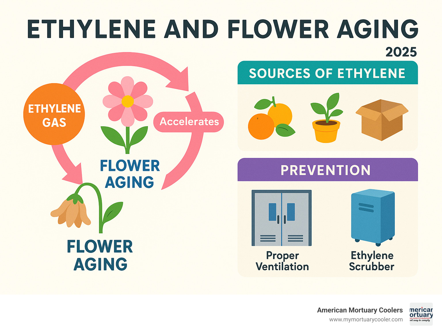Diagram showing how ethylene gas accelerates flower aging, sources of ethylene in floral environments, and prevention methods including proper ventilation and ethylene scrubbers - flower cooler infographic 
