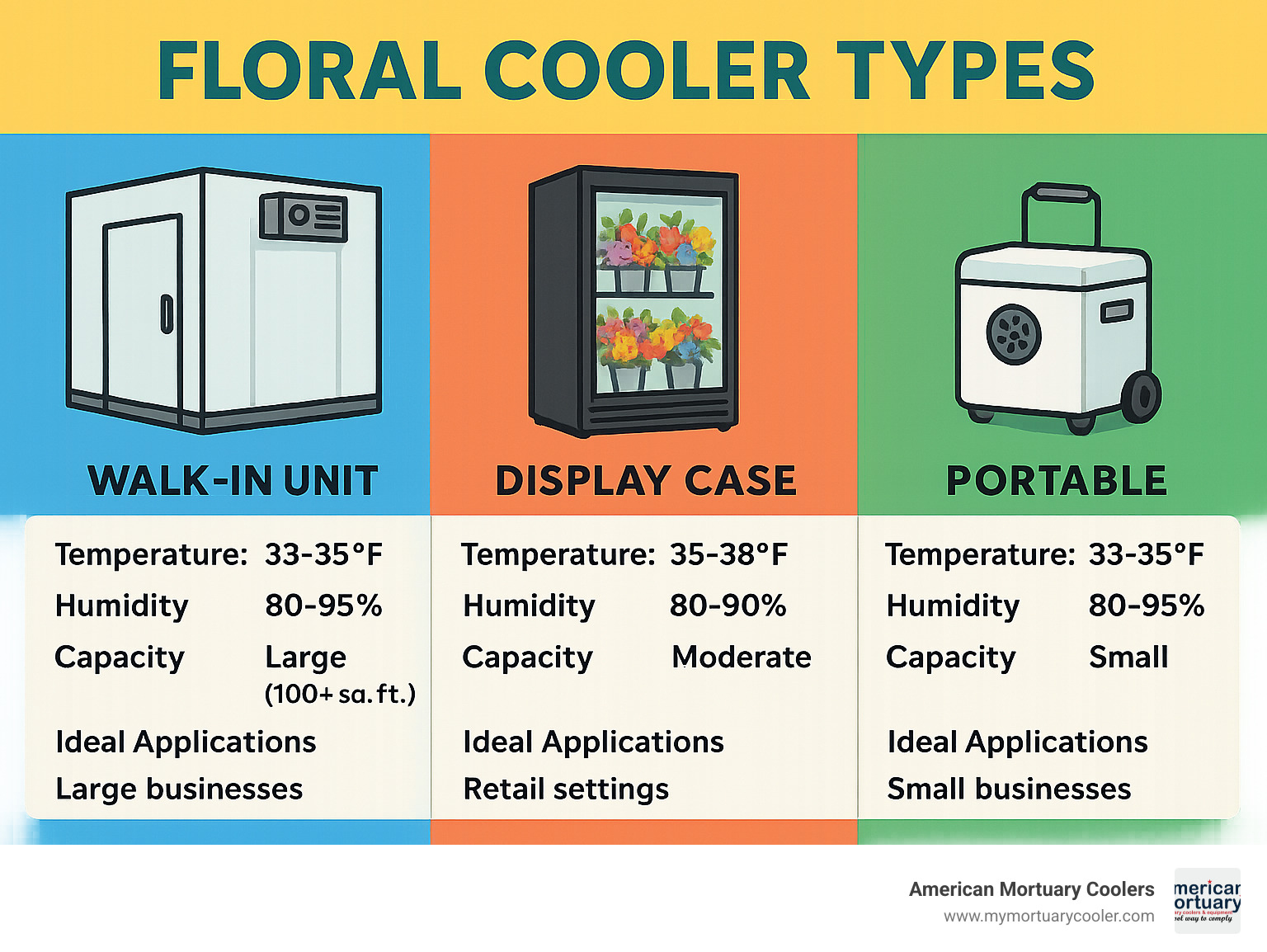 Comprehensive comparison of floral cooler types including walk-in units, display cases, and portable options with temperature ranges, humidity levels, capacity specifications, and ideal applications for different business sizes - floral cooler infographic 