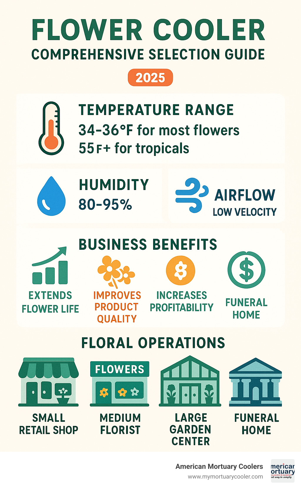 Comprehensive flower cooler selection guide showing temperature ranges, humidity requirements, airflow specifications, and business benefits for different types of floral operations from small retail shops to large funeral homes - flower cooler infographic 