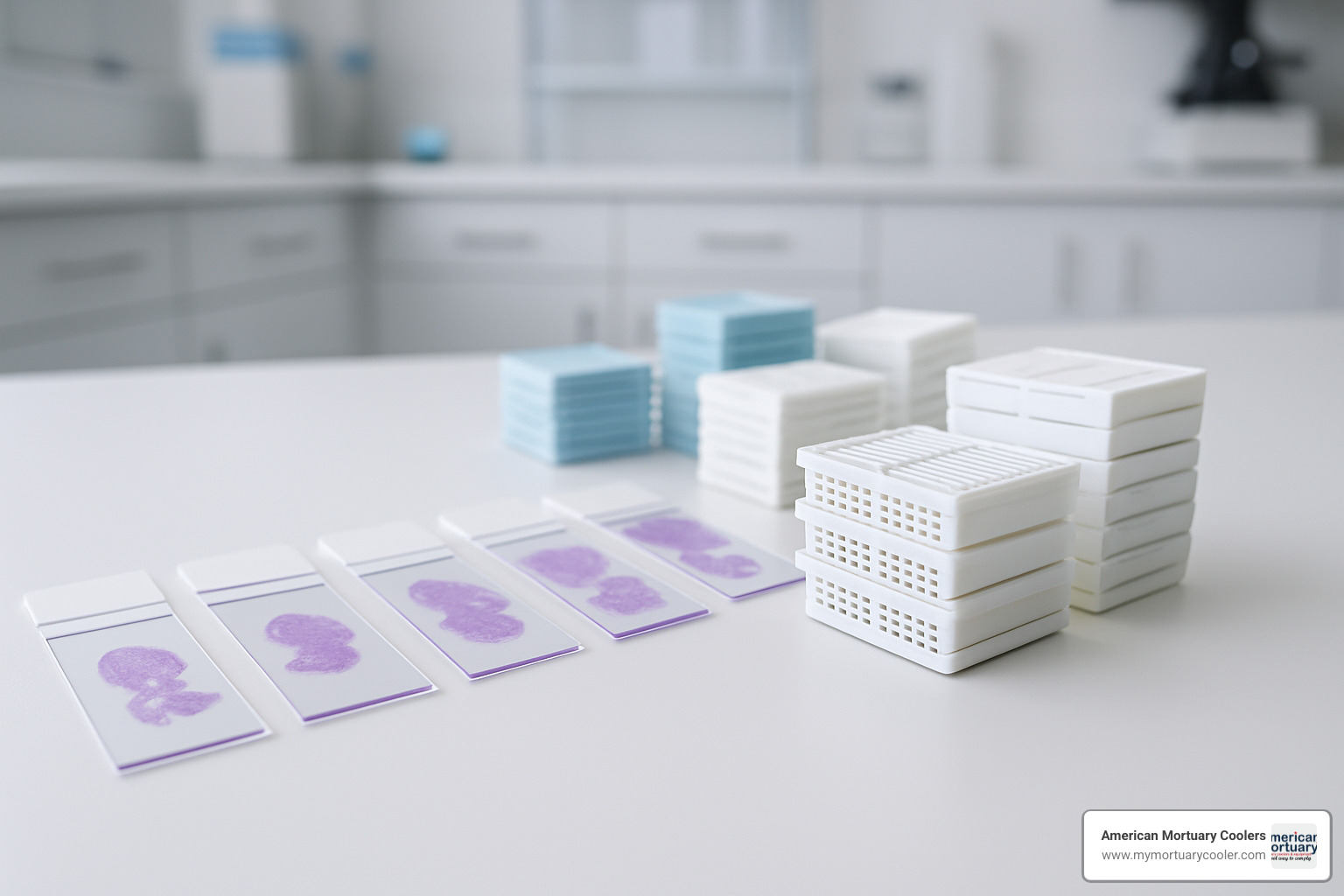 slides and cassettes arranged on laboratory bench - histology supplies