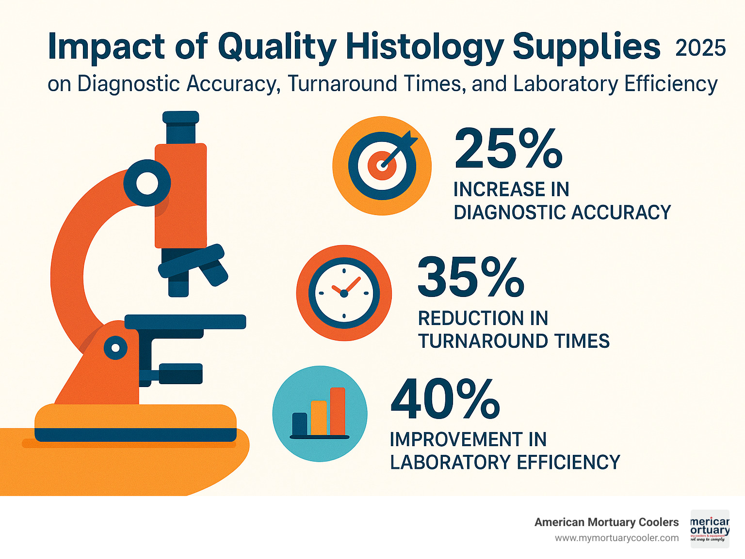 Statistical infographic showing the impact of quality histology supplies on diagnostic accuracy, turnaround times, and laboratory efficiency metrics - histology supplies infographic 