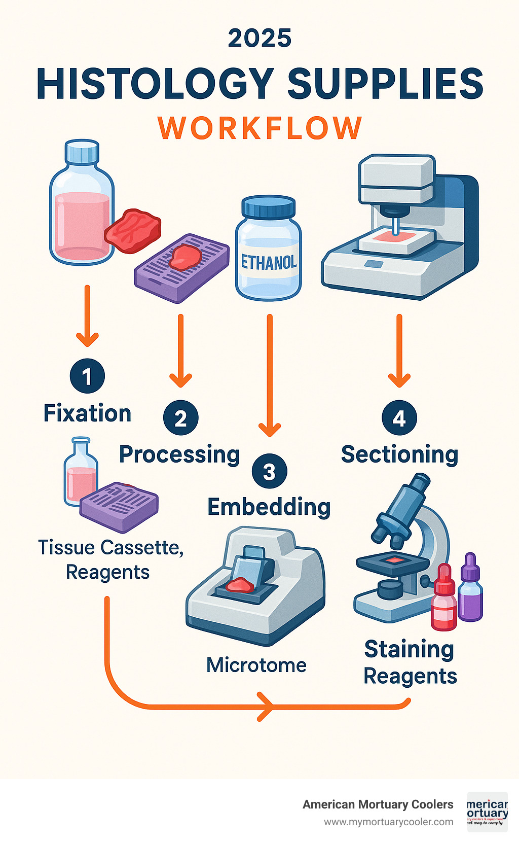 Infographic showing the five-step histology workflow process from tissue fixation through final staining and microscopic examination, with key supplies needed at each stage - histology supplies infographic 