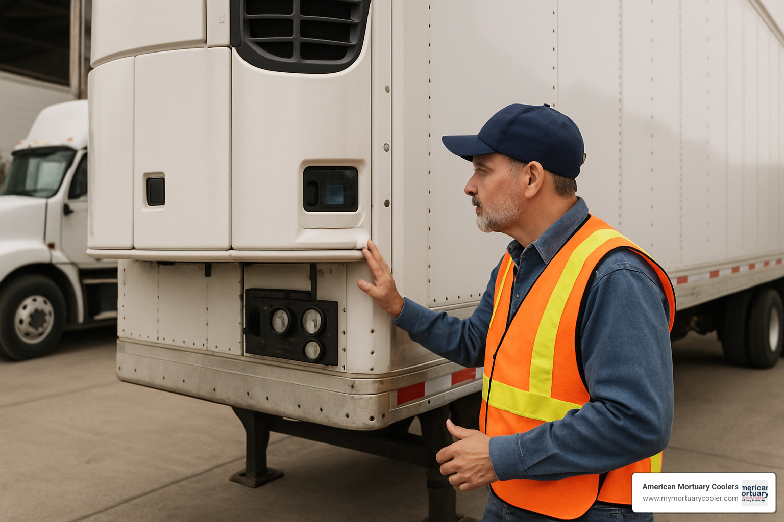 driver inspecting reefer unit - reefer truck reefer
