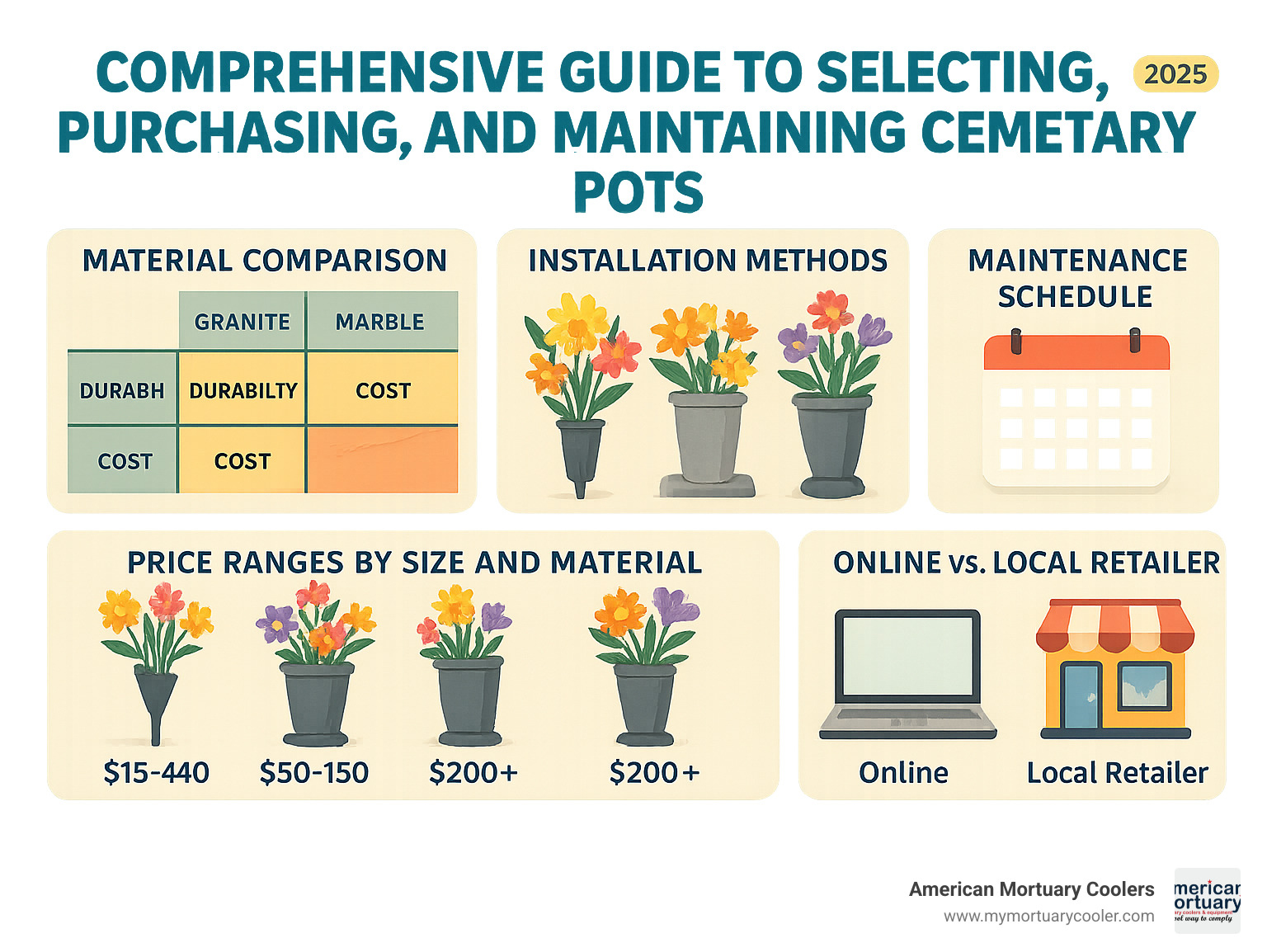 Comprehensive guide to selecting, purchasing, and maintaining cemetery pots including material comparison chart, installation methods, price ranges by size and material, maintenance schedules, and online vs local retailer comparison - cemetery pots infographic 