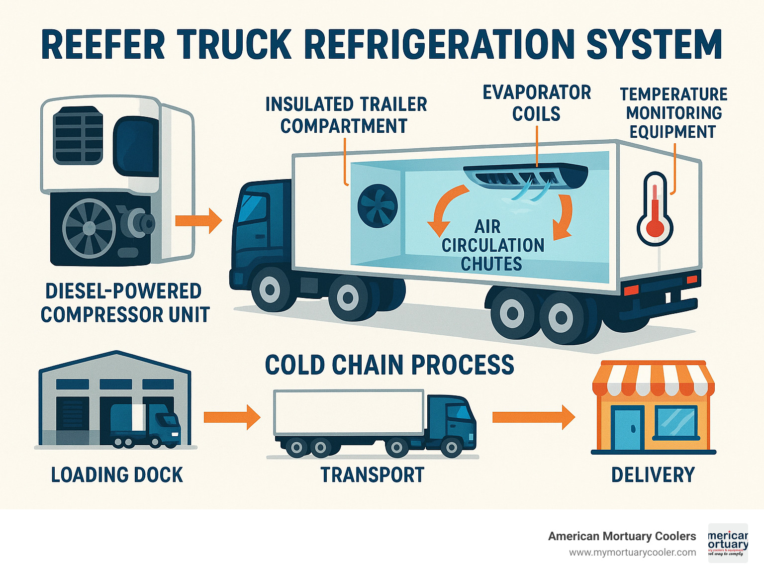 Comprehensive reefer truck refrigeration system diagram showing diesel-powered compressor unit, insulated trailer compartment, evaporator coils, air circulation chutes, temperature monitoring equipment, and the complete cold chain process from loading dock to delivery - reefer truck reefer infographic 