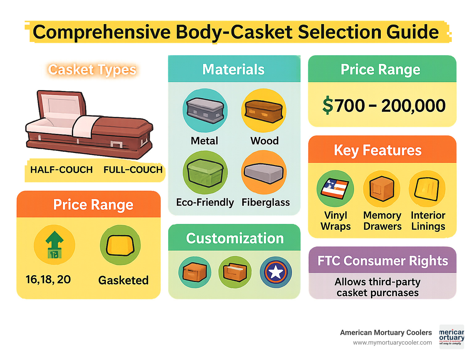 Comprehensive body-casket selection guide showing casket types, materials, price ranges, and key features including half-couch vs full-couch designs, metal gauges, wood species, eco-friendly options, customization features, and FTC consumer rights for third-party purchasing - body-casket infographic 