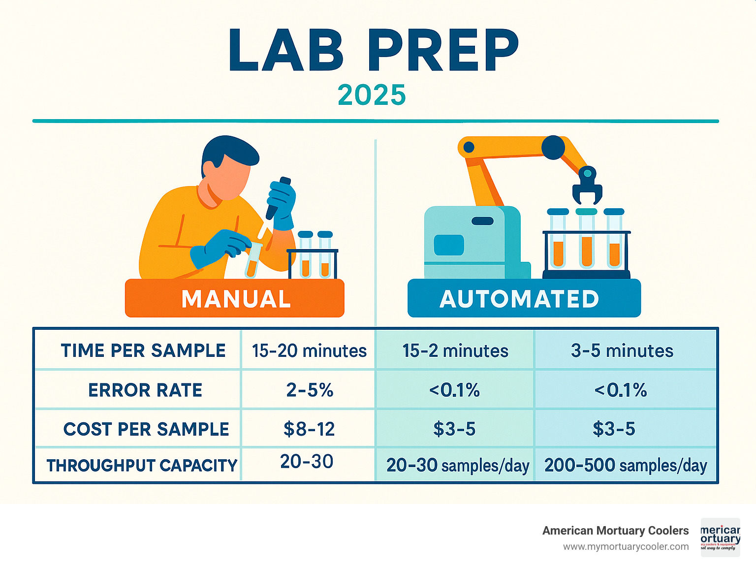 Comparison table showing manual vs automated sample prep across key metrics: Time per sample (manual: 15-20 minutes, automated: 3-5 minutes), Error rate (manual: 2-5%, automated: <0.1%), Cost per sample (manual: $8-12, automated: $3-5), and Throughput capacity (manual: 20-30 samples/day, automated: 200-500 samples/day) - lab prep infographic 