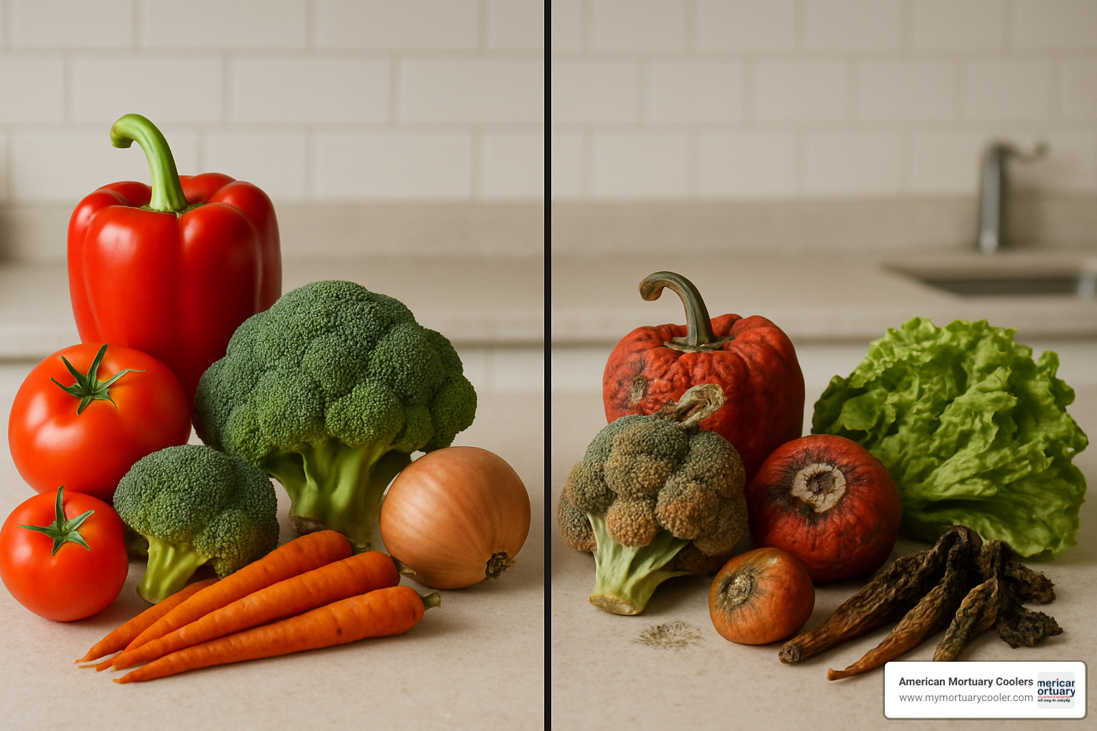 comparison of fresh vegetables and spoiled vegetables side by side - refrigerate