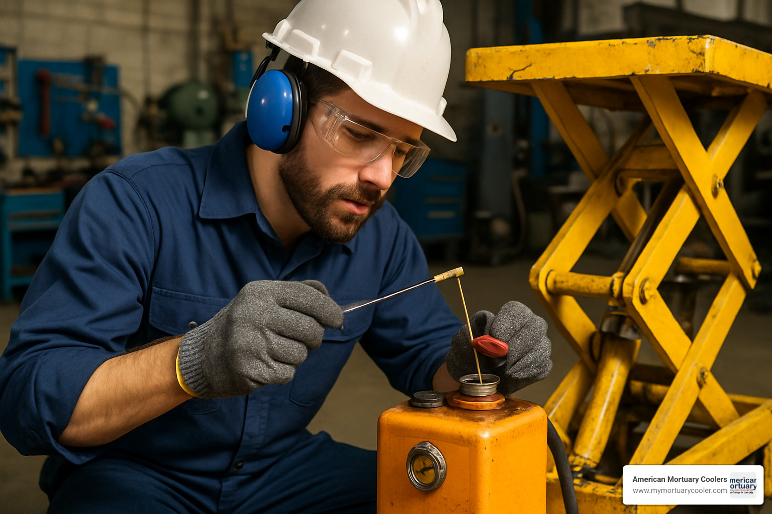 technician checking hydraulic fluid level and condition - hydralic lift cart