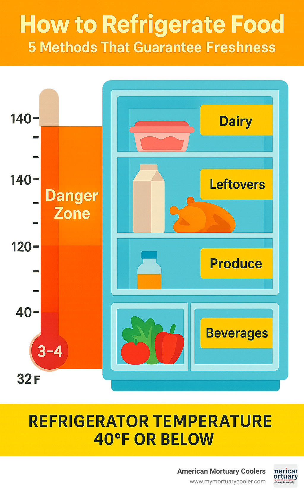 Detailed infographic showing refrigerator temperature zones with danger zone highlighted between 40-140°F, safe storage times for different food categories, and proper placement of items within refrigerator compartments - refrigerate infographic 