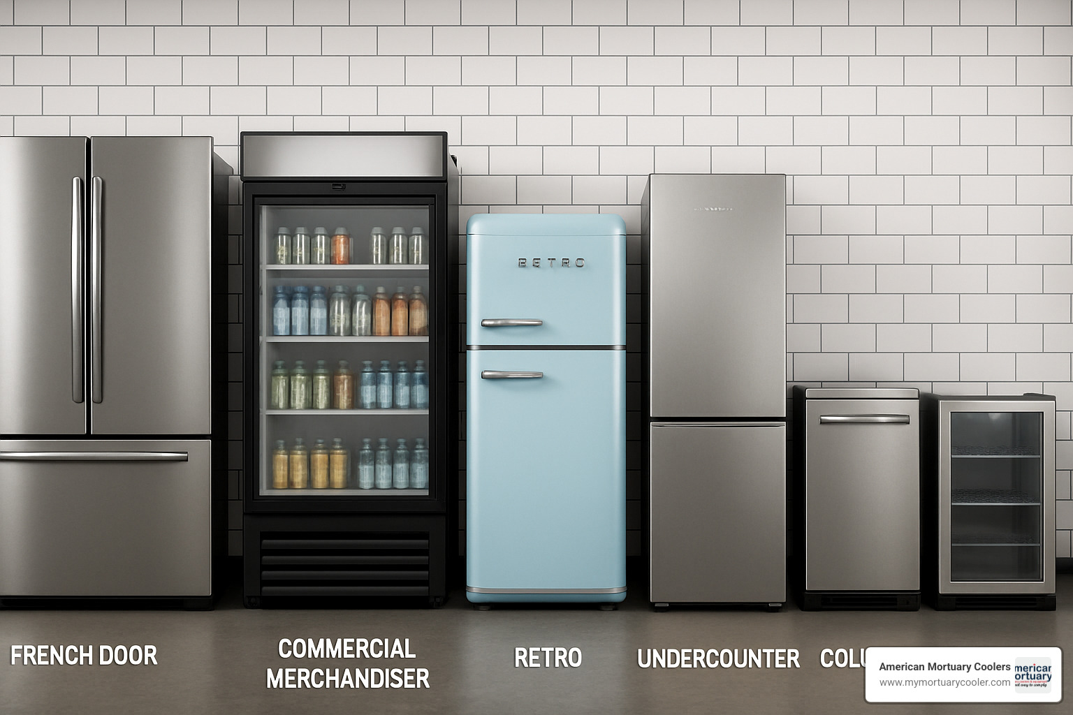 Collection of seven different refrigerator revit models showing French door, side-by-side, commercial merchandiser, retro, undercounter, column, and bar configurations - fridge revit