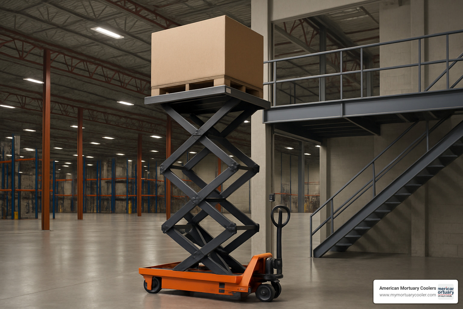 double scissor lift cart reaching mezzanine level - hydralic lift cart