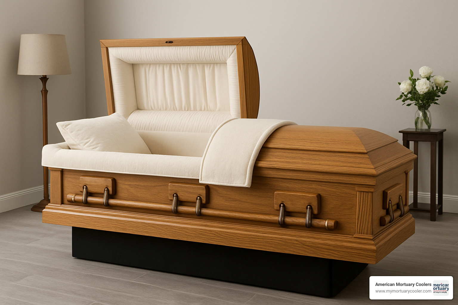 Oak rental casket with removable insert system and premium interior fabric - casket rental