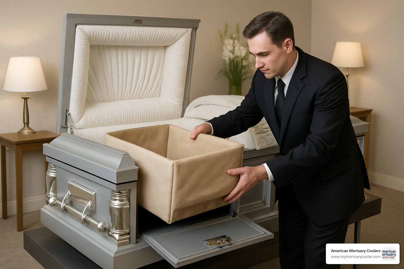 Removable insert being placed into rental casket frame through foot panel door - casket rental