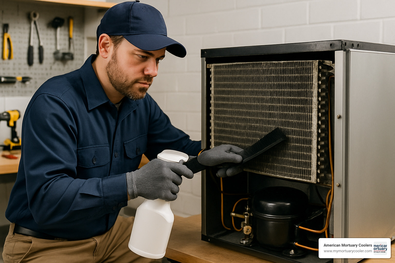 technician cleaning condenser coil - refrigeration repair