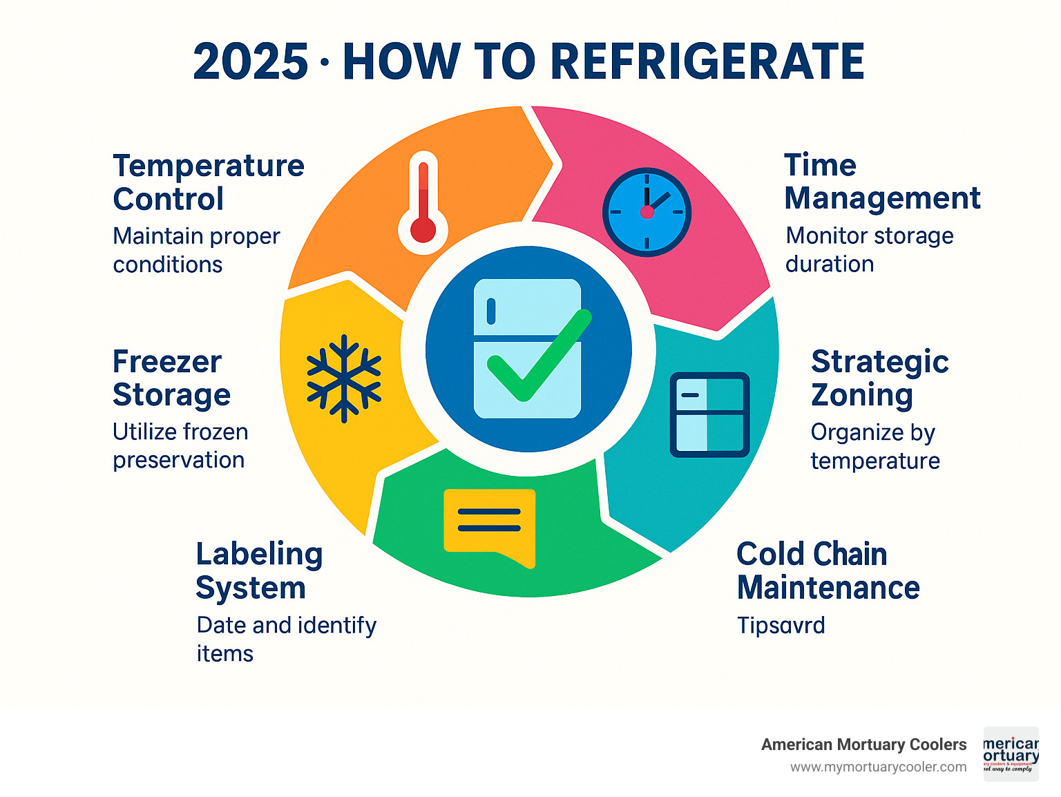 Circular infographic showing five interconnected methods: Temperature Control, Time Management, Strategic Zoning, Labeling System, and Freezer Storage, with freshness indicators and cold chain maintenance tips - refrigerate infographic 