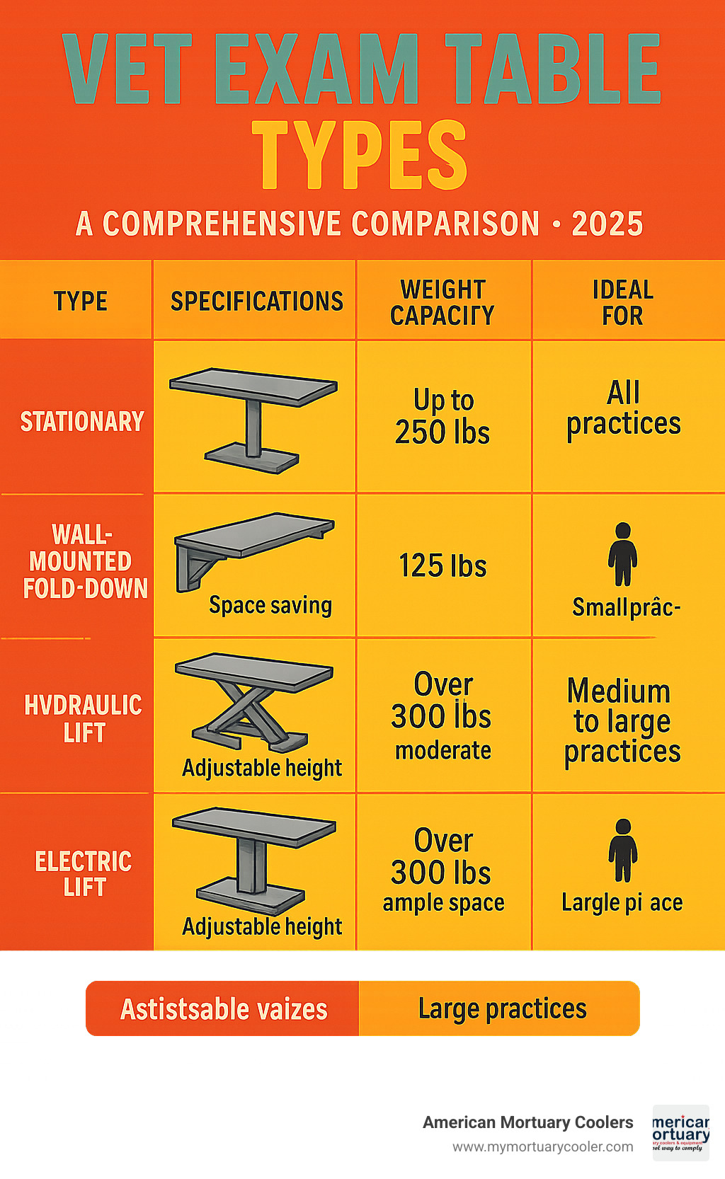 Comprehensive comparison chart showing different vet exam table types including stationary, wall-mounted fold-down, hydraulic lift, and electric models with their key specifications, weight capacities, space requirements, and ideal use cases for various veterinary practice sizes - vet-exam-table infographic 