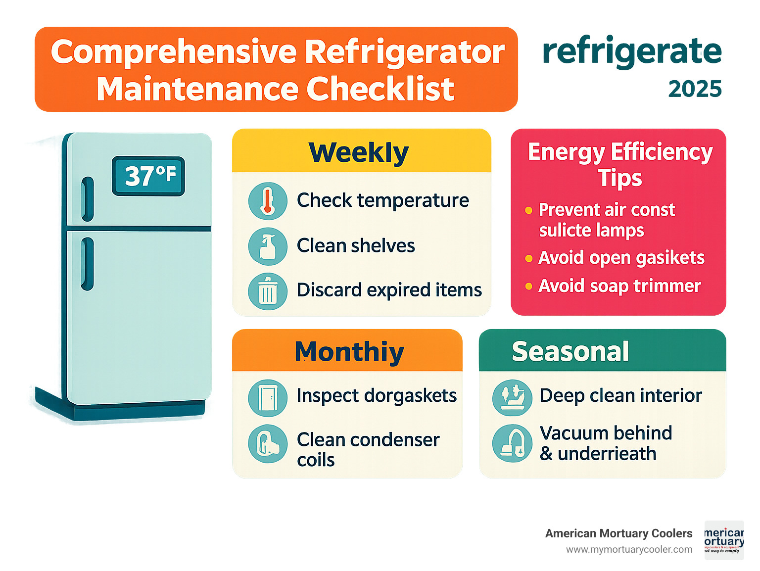 Comprehensive refrigerator maintenance checklist infographic showing weekly, monthly, and seasonal tasks with temperature monitoring, cleaning schedules, and energy efficiency tips - refrigerate infographic 