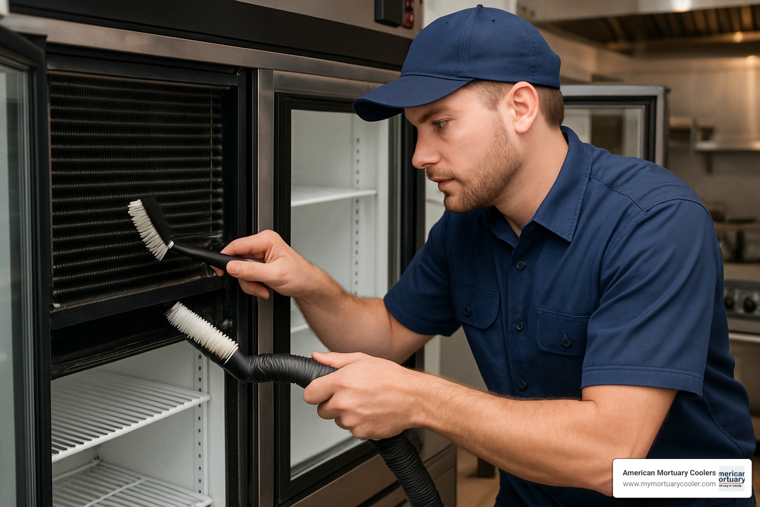 technician cleaning commercial refrigeration condenser coils - fixing commercial fridge