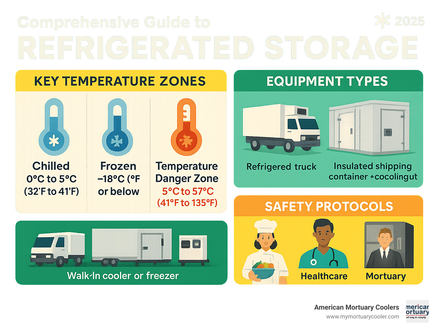 Comprehensive guide to refrigerated storage temperatures, equipment types, and safety protocols for different industries including food service, healthcare, and mortuary facilities - refrigerated infographic 
