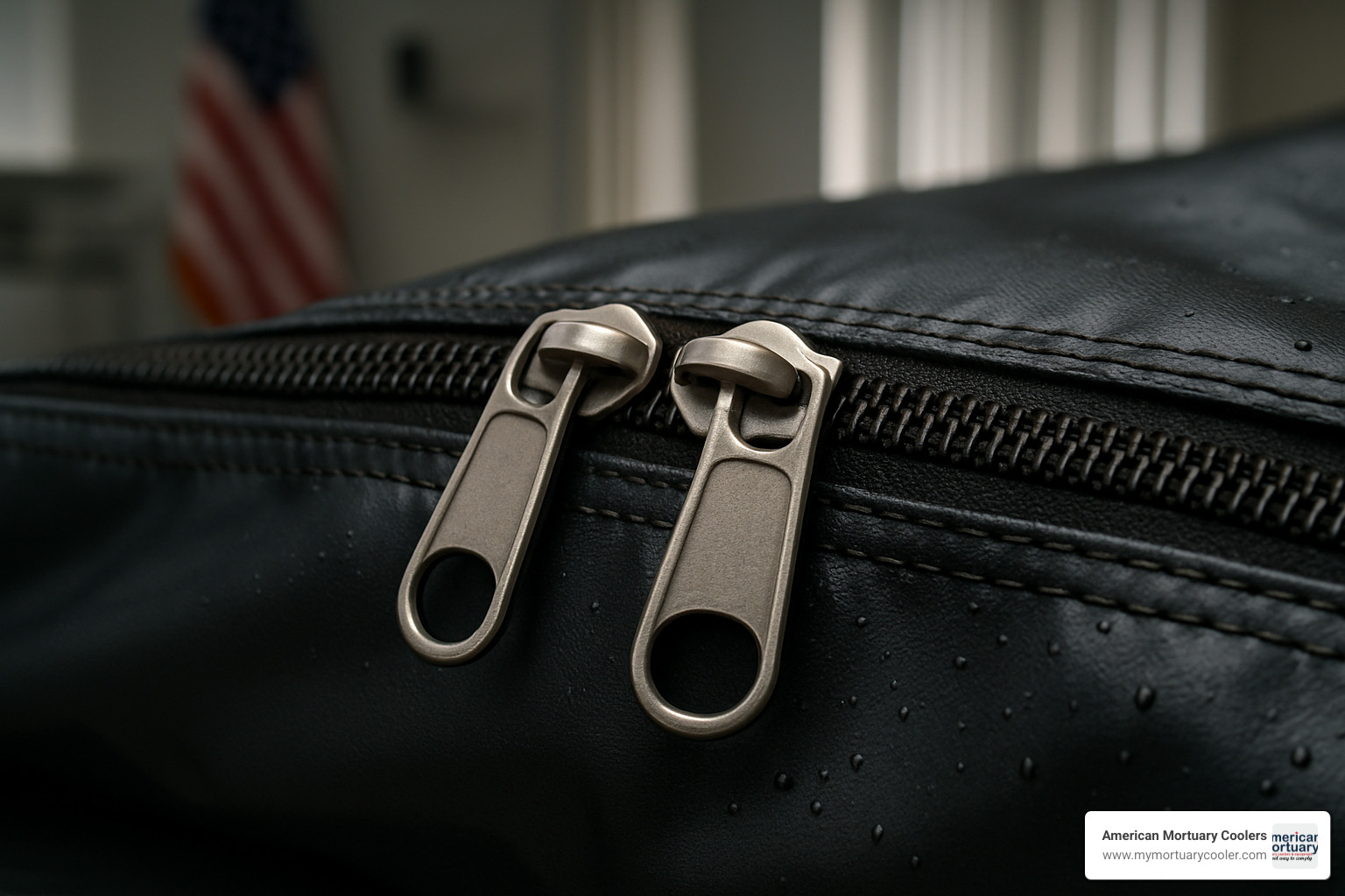close-up view of body bag zipper mechanism showing rust-proof construction and dual pulls - dead body bag