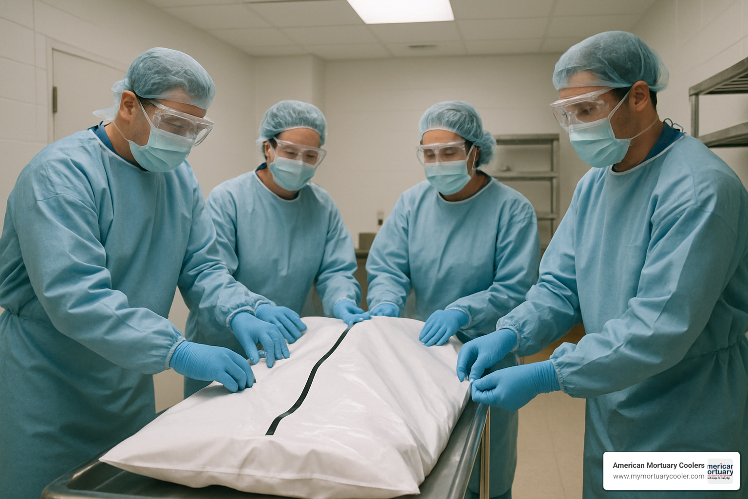 mortuary staff properly equipped with PPE while handling body bags in a professional setting - dead body bag