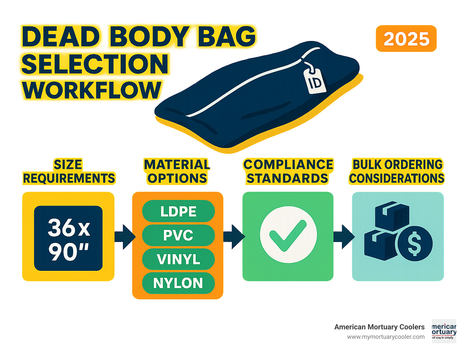 Infographic showing dead body bag selection workflow including size requirements, material options, compliance standards, bulk ordering considerations, and supplier evaluation criteria - dead body bag infographic 
