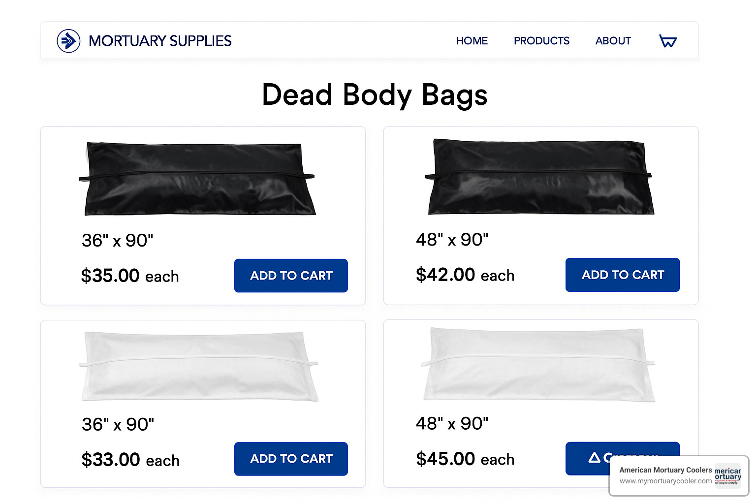 screenshot of professional online body bag product catalog showing specifications, pricing, and ordering interface - dead body bag