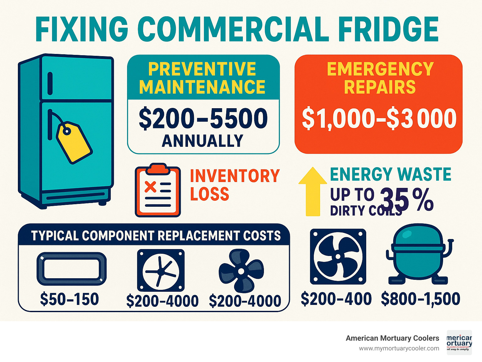 Infographic showing commercial fridge repair costs breakdown: preventive maintenance $200-500 annually vs emergency repairs $1000-3000, plus inventory loss costs, energy waste from dirty coils up to 35% increase, and typical component replacement costs including gaskets $50-150, fans $200-400, compressors $800-1500 - fixing commercial fridge infographic 