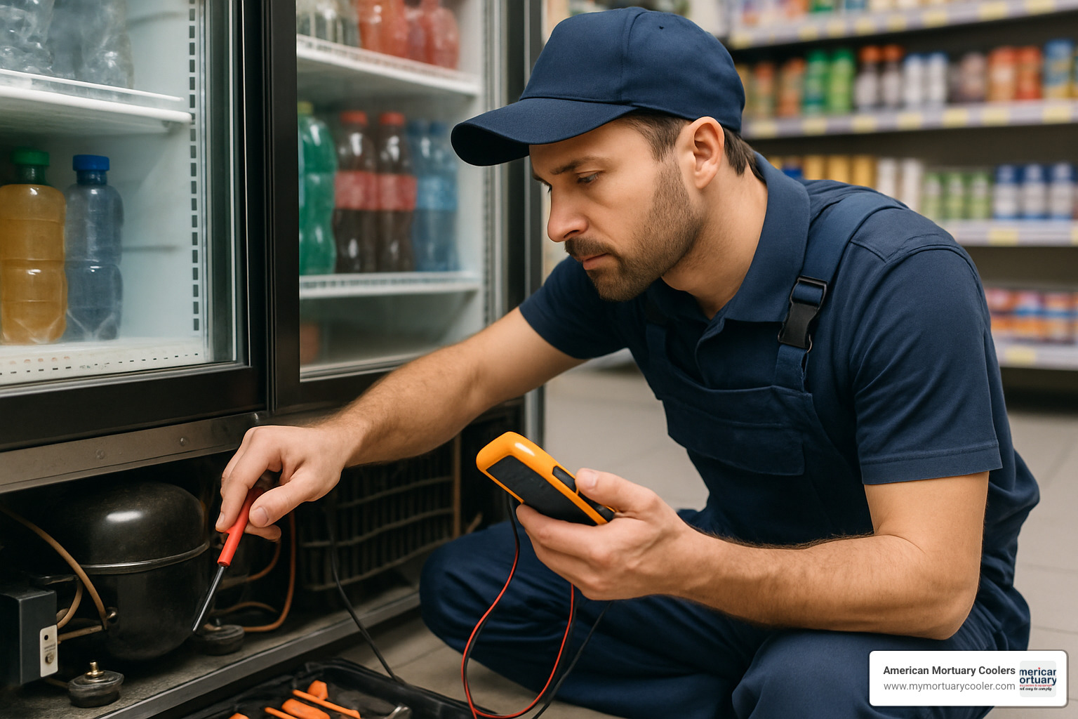 certified refrigeration technician with manifold gauges - fixing commercial fridge