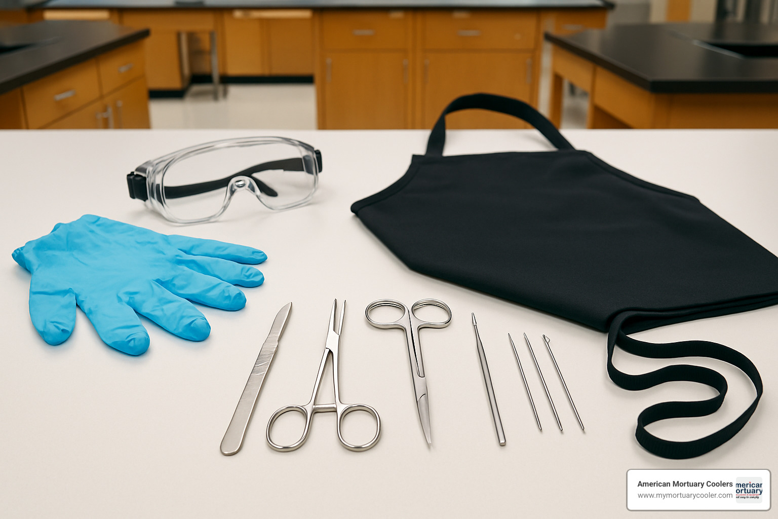 Complete PPE setup showing gloves, goggles, apron, and properly arranged dissection tools on a clean workspace - kit dissection
