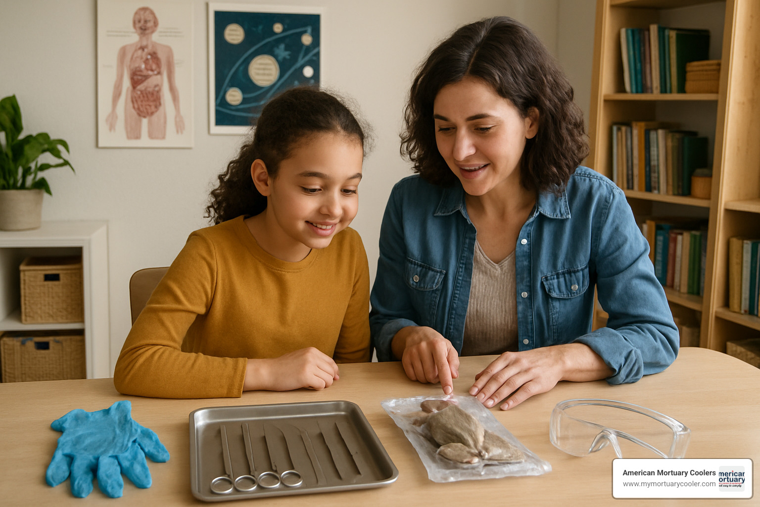 Organized homeschool dissection setup with proper lighting, tool arrangement, and safety equipment in a home learning environment - kit dissection