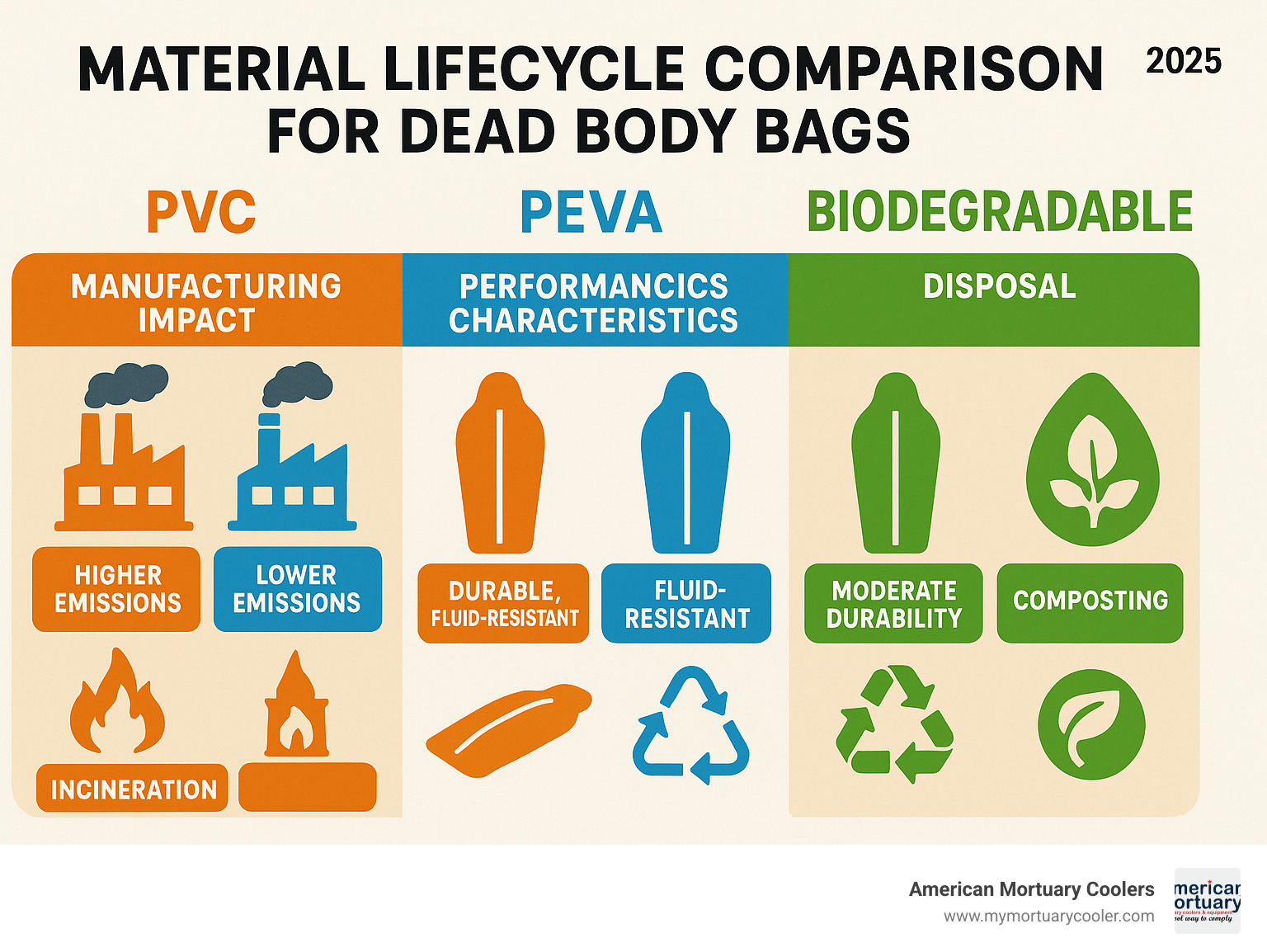 Infographic showing material lifecycle comparison between PVC, PEVA, and biodegradable options including manufacturing impact, performance characteristics, and disposal methods - dead body bag infographic 