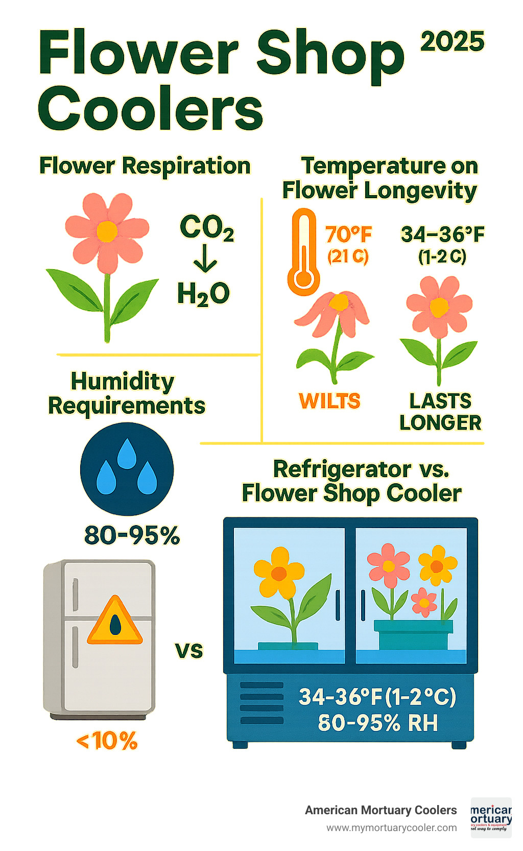 Comprehensive infographic showing flower respiration process, temperature effects on flower longevity, humidity requirements, and comparison between regular refrigerators versus specialized flower shop coolers with optimal storage conditions - flower shop coolers infographic 
