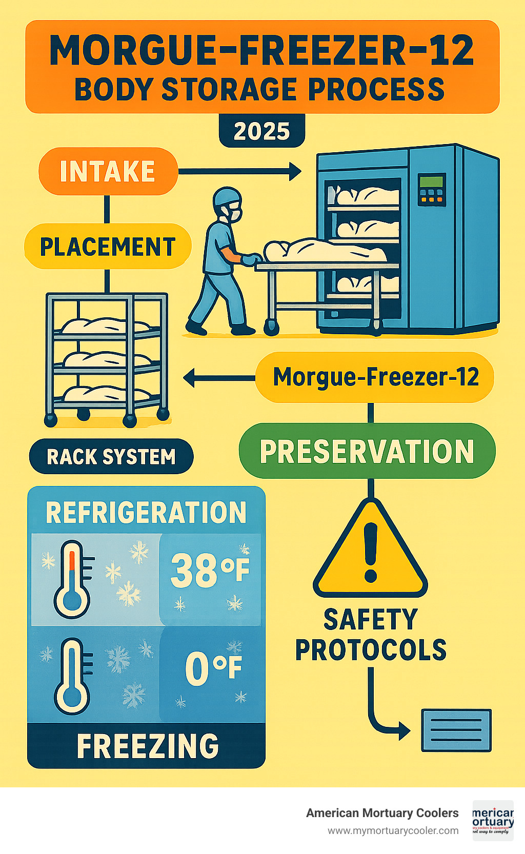 Detailed workflow diagram showing morgue-freezer-12 body storage process from intake through preservation, including temperature zones, rack systems, and safety protocols - morgue-freezer-12 infographic 