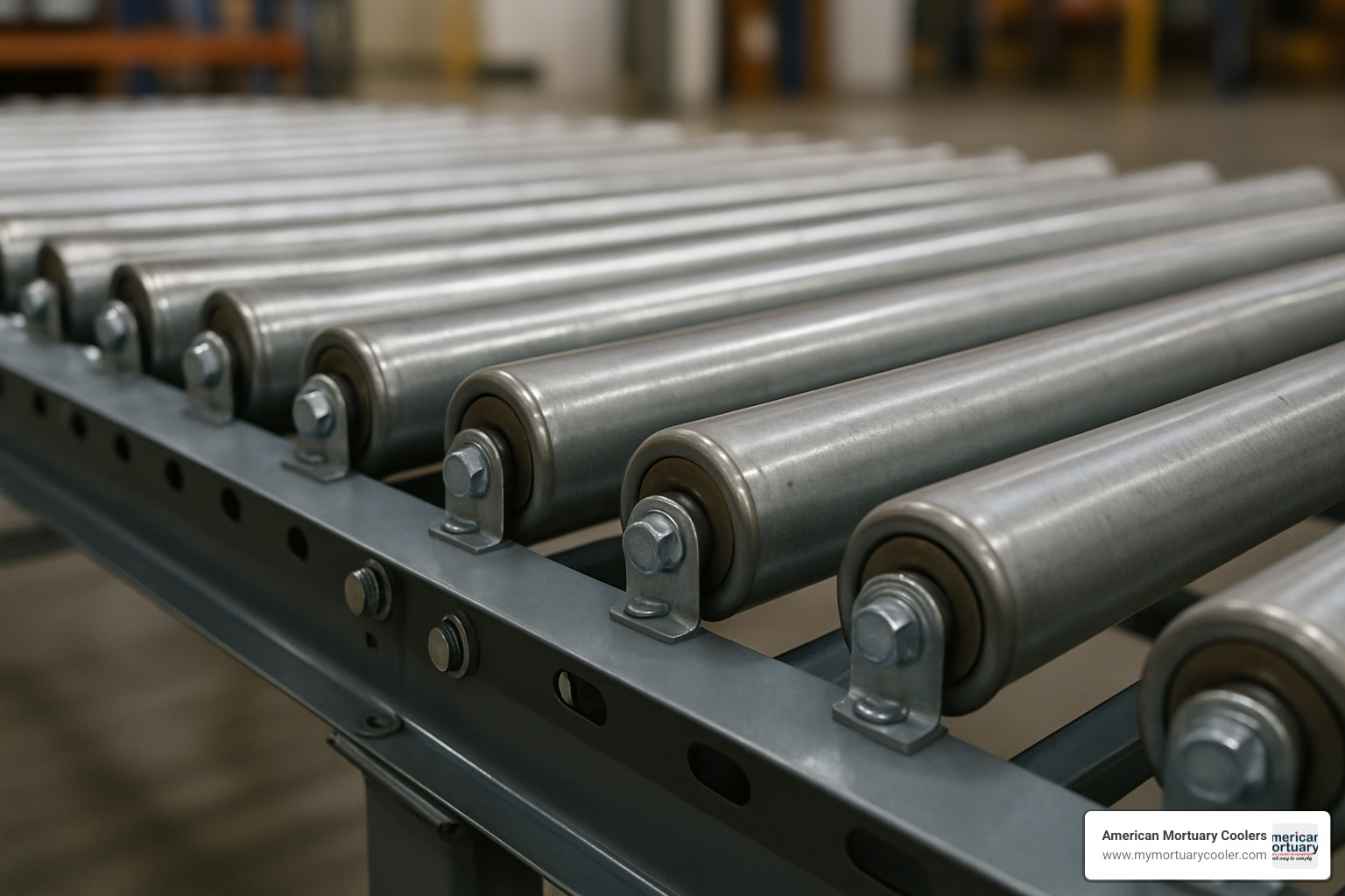 detailed view of roller bed components showing individual rollers, mounting hardware, and support structure - roller bed