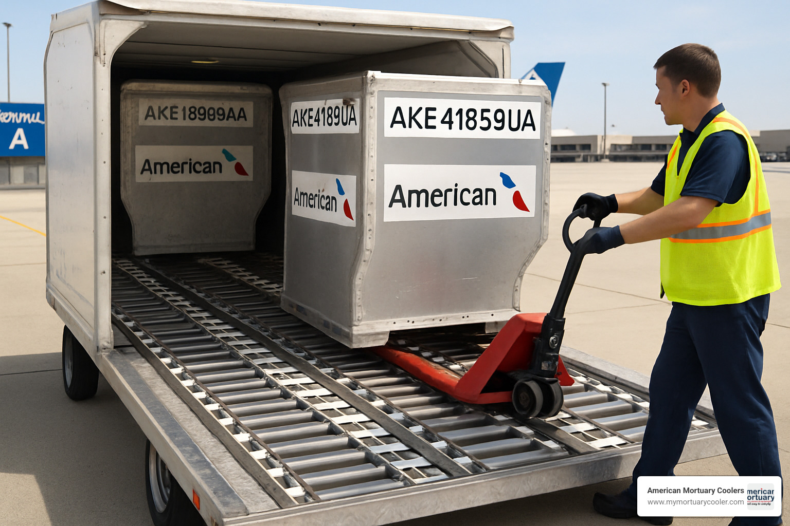 air cargo trailer with roller bed system showing ULD containers being loaded - roller bed