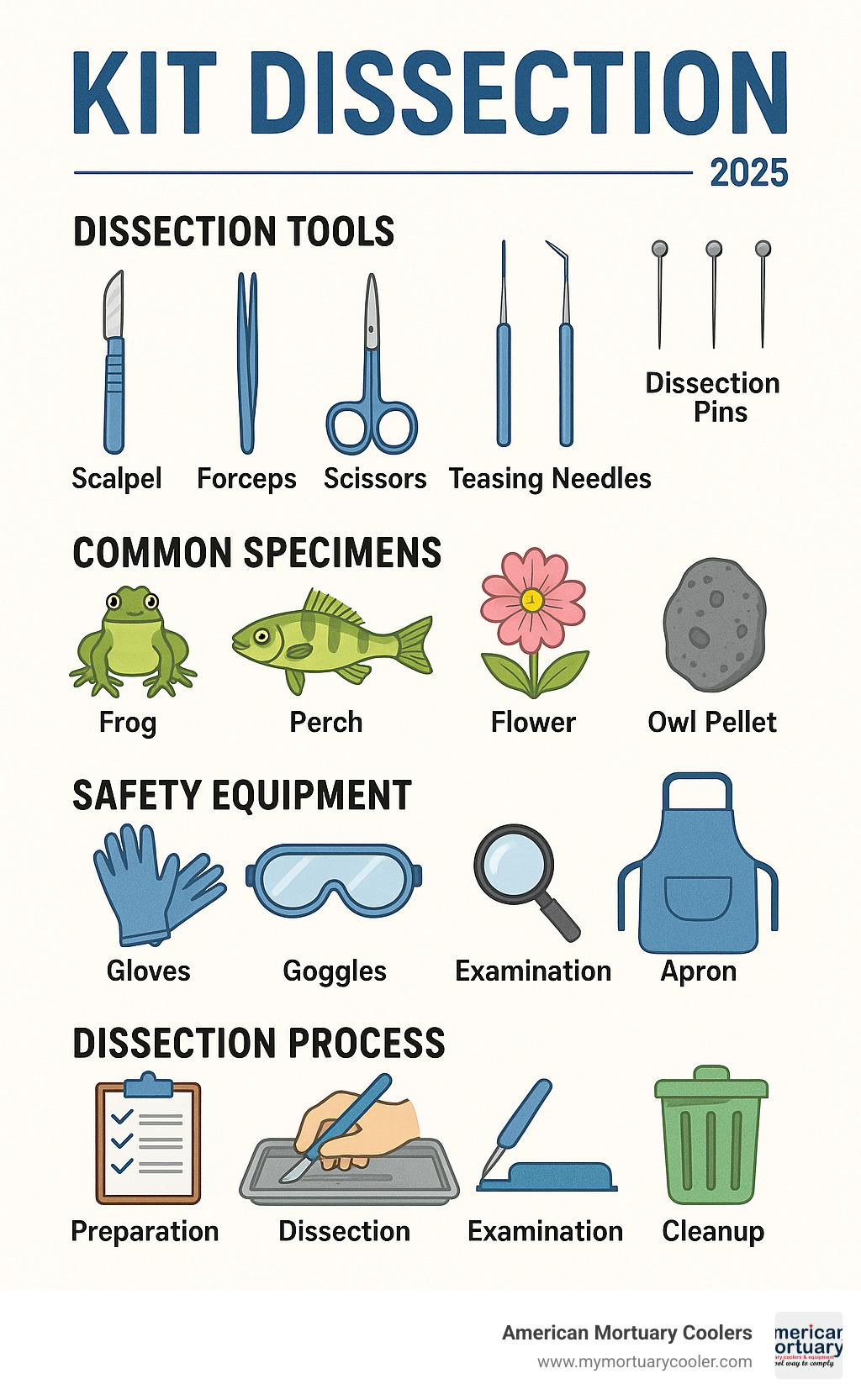 Comprehensive infographic showing dissection kit components including labeled tools (scalpel, forceps, scissors, teasing needles, pins), common specimens (frog, perch, flower, owl pellet), safety equipment (gloves, goggles, apron), and step-by-step workflow from preparation through cleanup - kit dissection infographic 