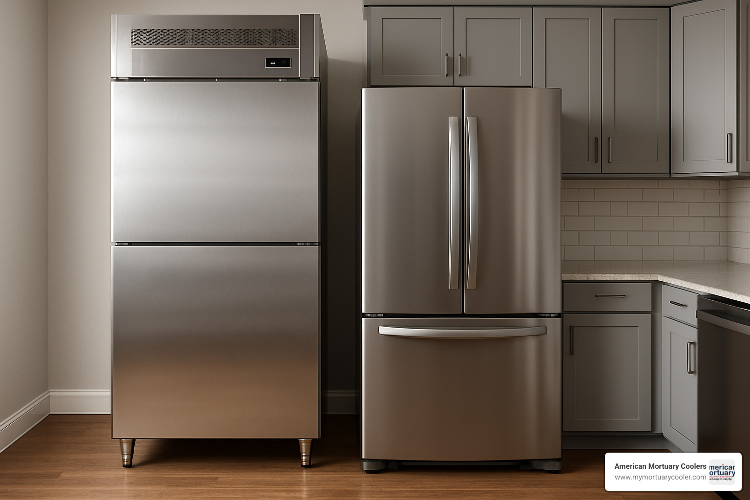 Commercial reach-in refrigerator next to residential French door model showing size comparison - greater refrigerator