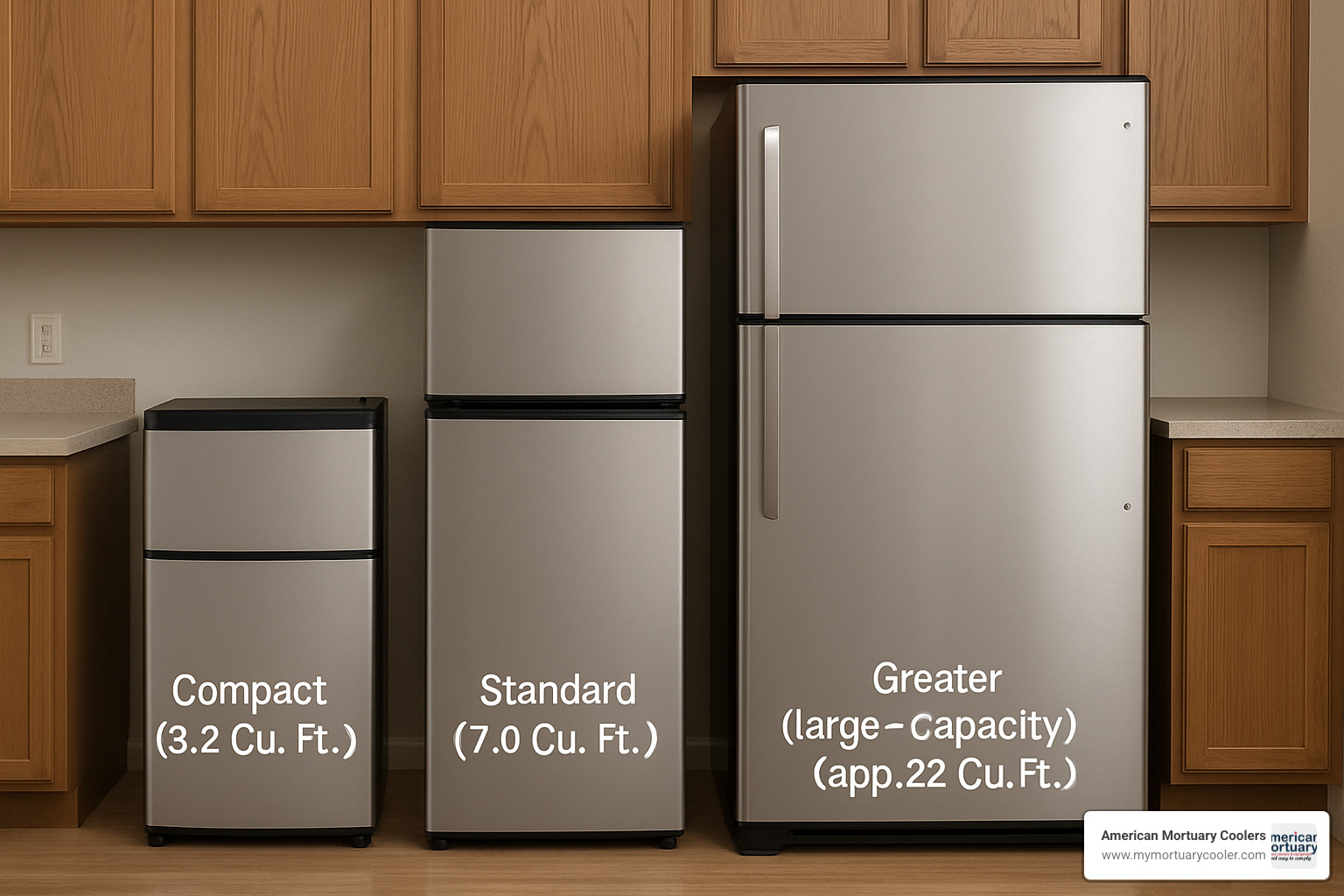 Side-by-side comparison of compact, standard, and greater refrigerator models showing relative sizes and capacity - greater refrigerator