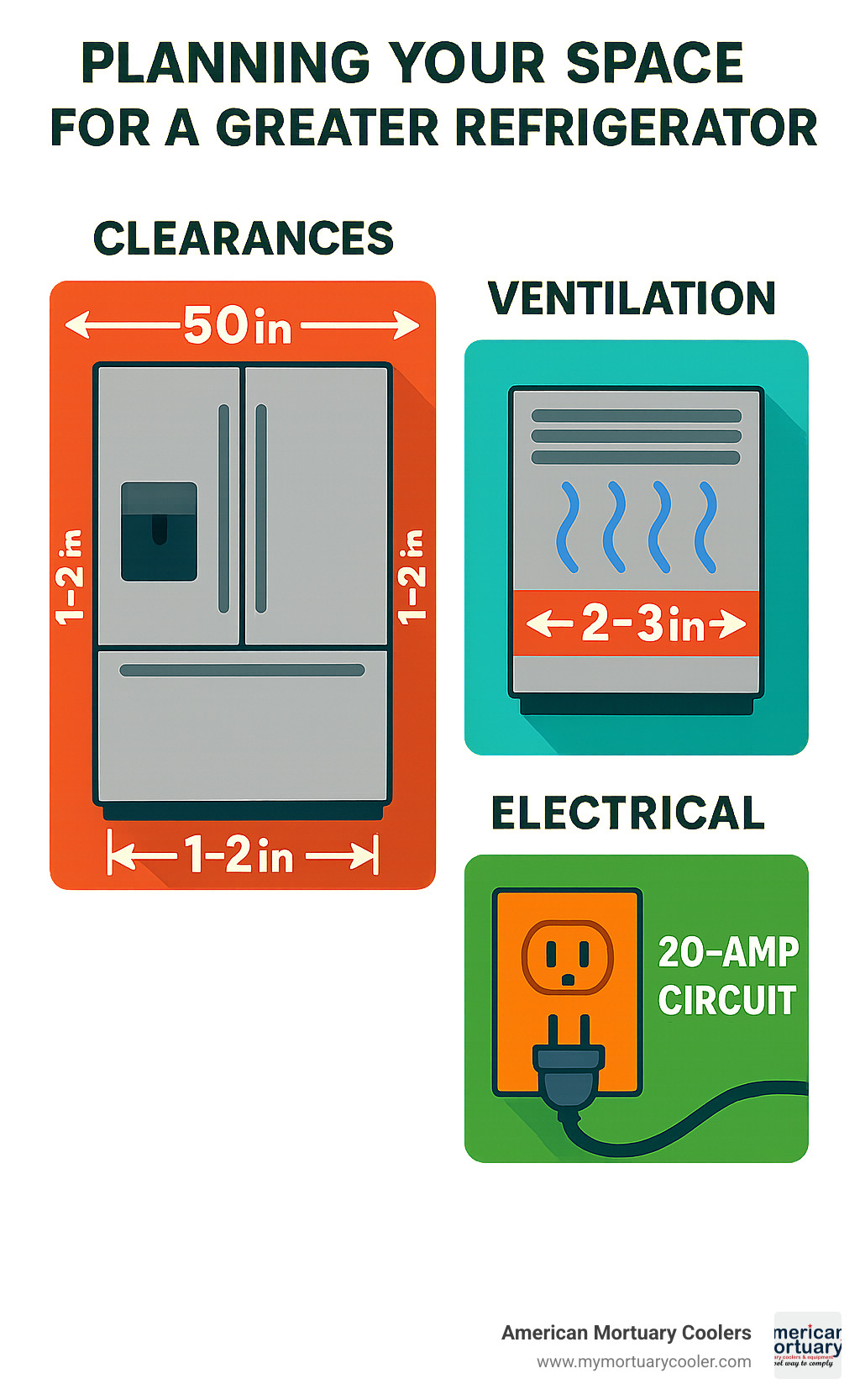 Infographic showing proper clearance measurements, ventilation requirements, and electrical specifications for greater refrigerator installation - greater refrigerator infographic 