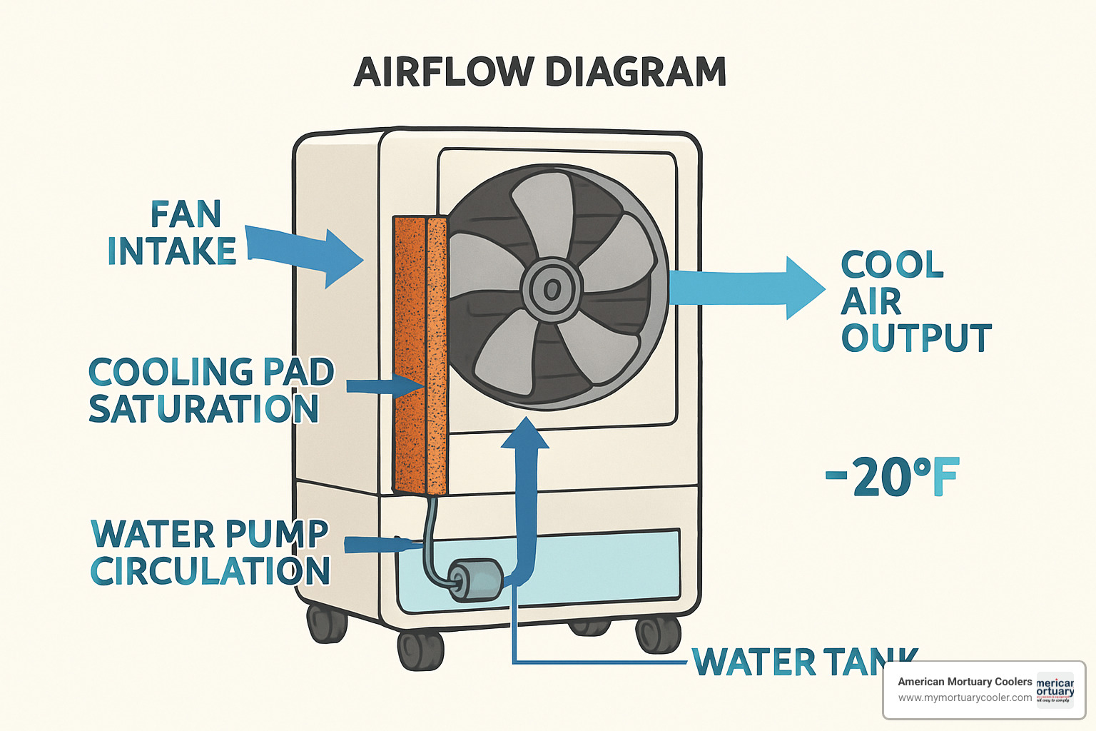 Detailed airflow diagram showing fan intake, water pump circulation, cooling pad saturation, and temperature-reduced air output - evaporative portable