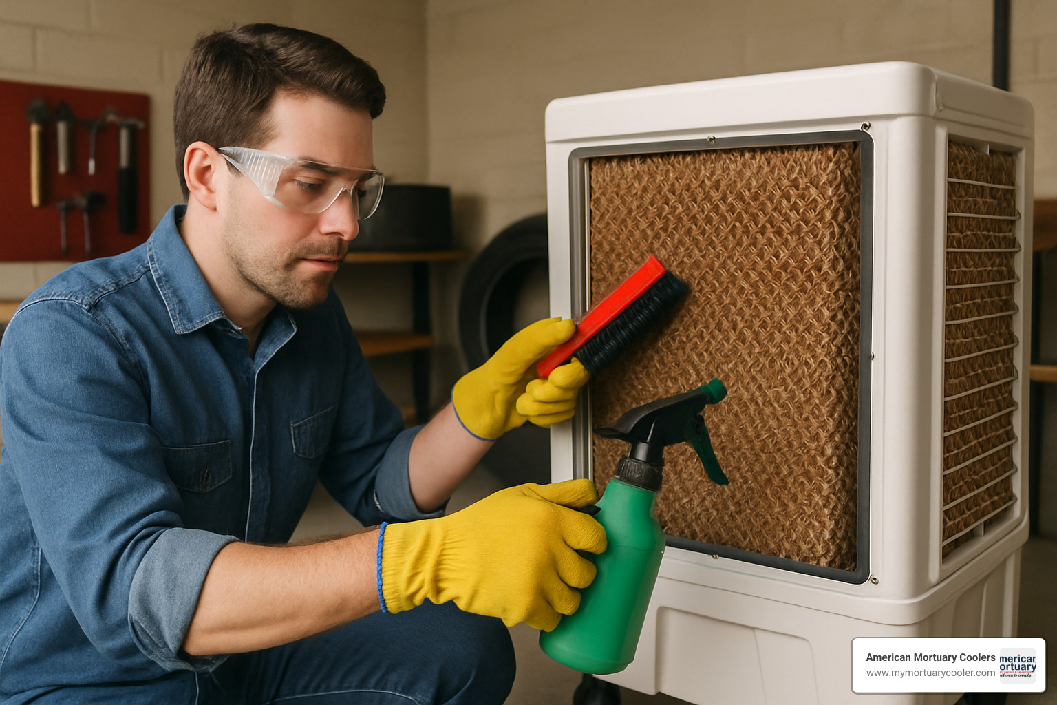 Person cleaning evaporative cooler pads with proper safety equipment and maintenance tools - evaporative portable