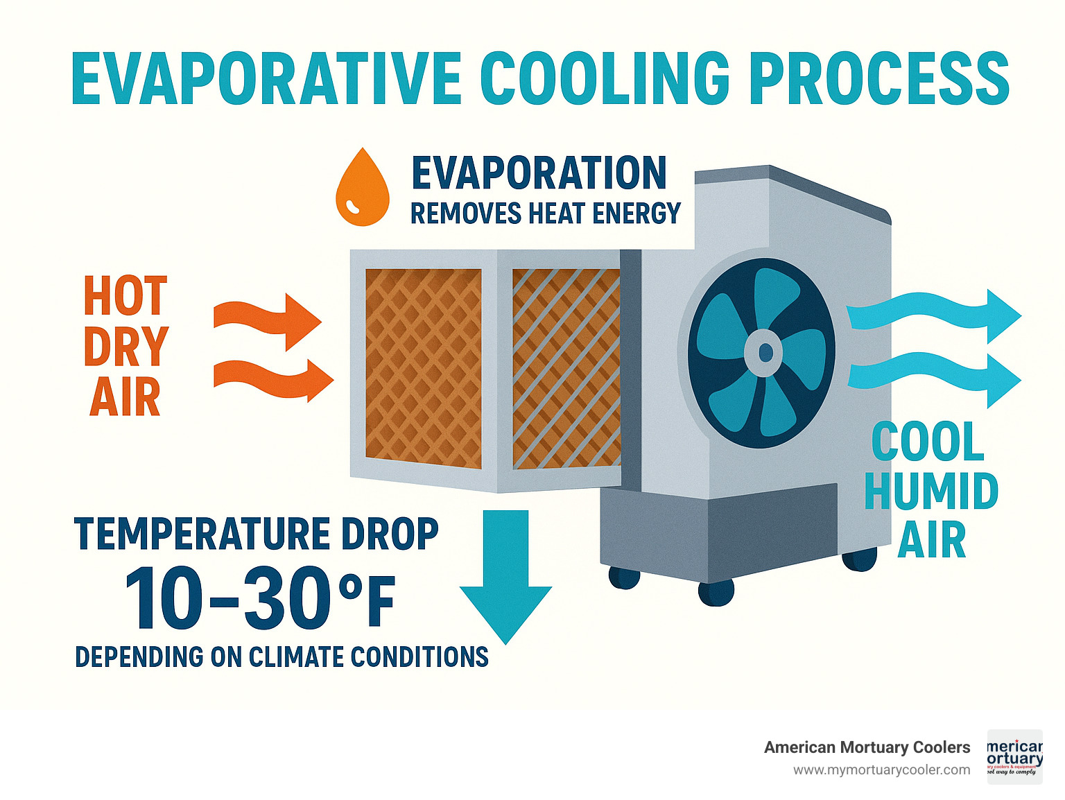 Infographic showing evaporative cooling process: hot dry air enters through water-soaked cooling pads, evaporation removes heat energy, cool humid air exits via fan, with temperature drop of 10-30°F depending on climate conditions - evaporative portable infographic 